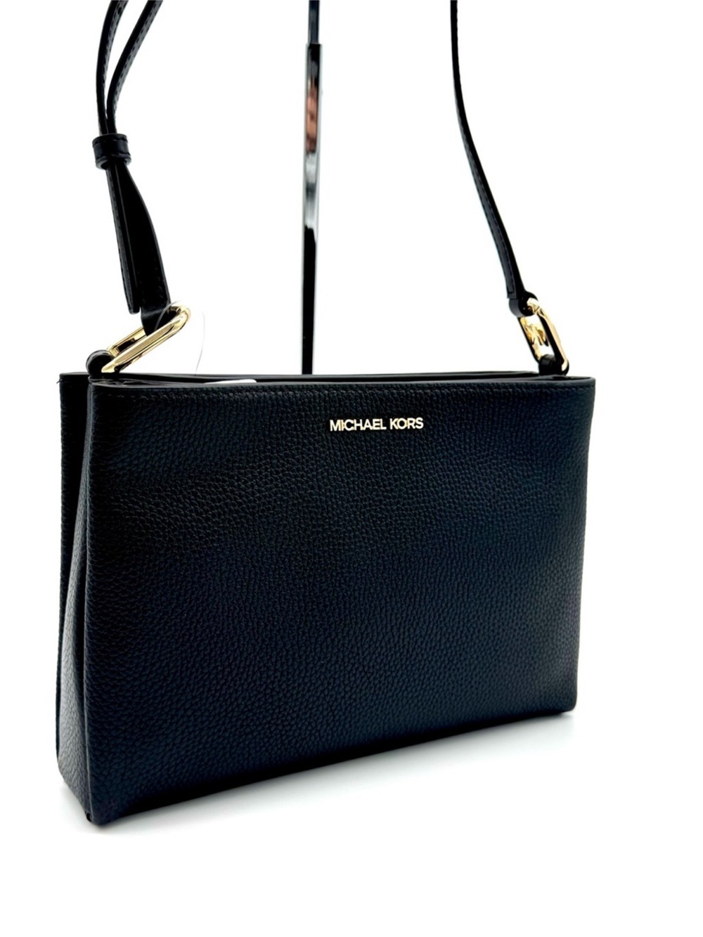 Michael Kors Trisha Medium Pebbled Leather Crossbody Bag Black/Gold - Picture 4 of 10
